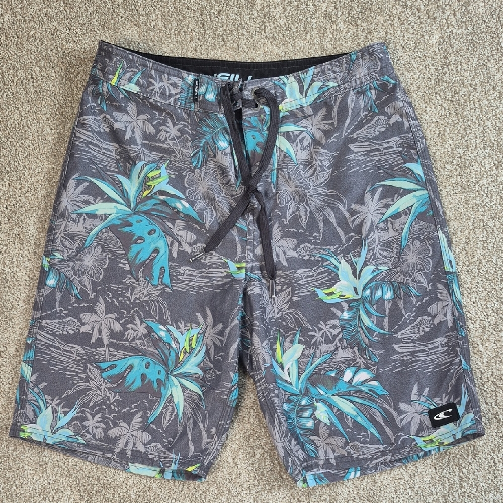 O'Neill Men's Gray Board Shorts with Teal Tropical Print